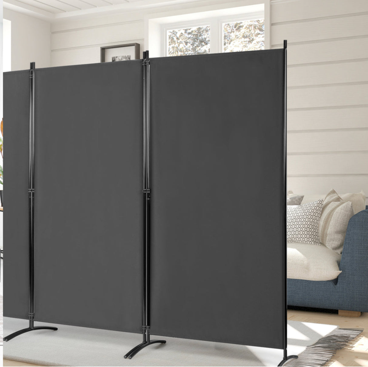 3-Panel Room Divider Folding Privacy Screen with Hinges Steel Base Wood