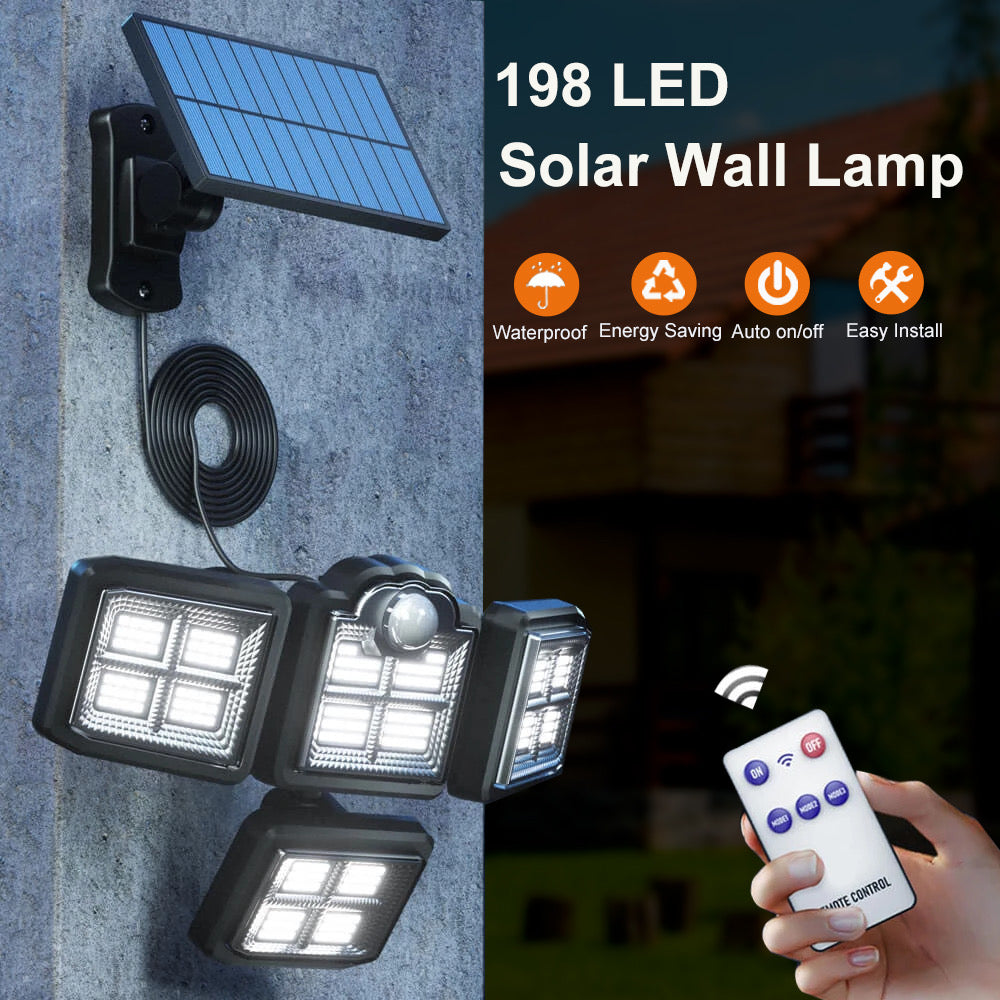 Solar Lights Outdoor, Motion Sensor Security Lights, Separate Solar Panel, 4 Adjustable Head, 198 LED 300° Wide Angle, Waterproof Wall Lights for Porch Yard Garage Pathway