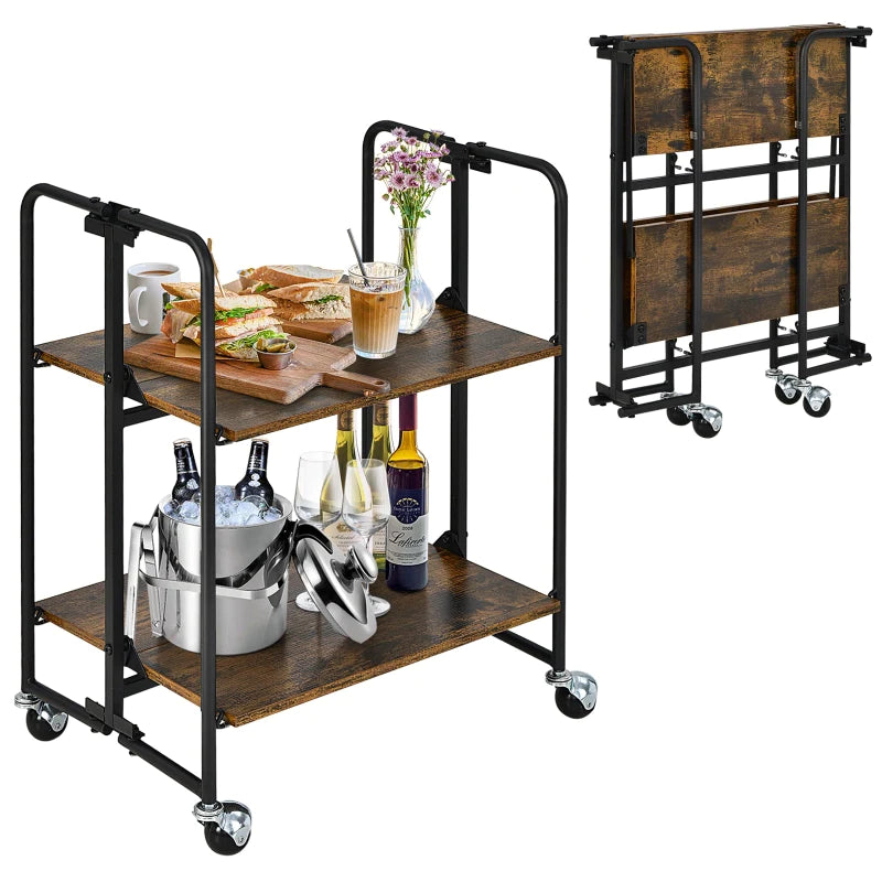 2-Tier Folding Trolley Cart Industrial Kitchen Serving Island on Wheels Metal Frame Mobile Baker Rack