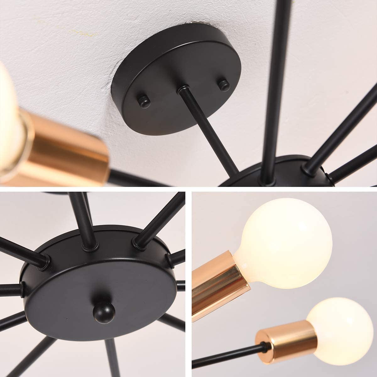 Semi Flush Mount Ceiling Light,10-Light E27 Base Modern Black Sputnik Chandelier,Industrial Ceiling Lamp Fixture for Kitchen Farmhouse Living Room Dining Room