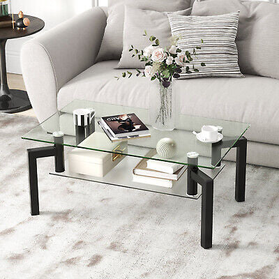 Glass Coffee Table 2-Tier Tempered Accent Table W/ Metal Tube Legs Living Room