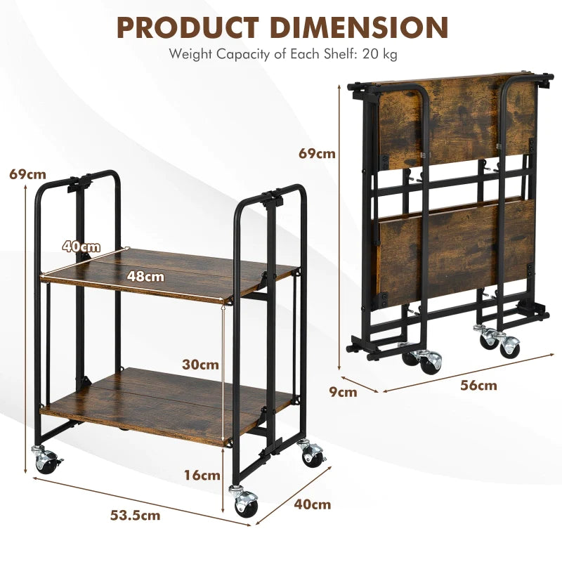 2-Tier Folding Trolley Cart Industrial Kitchen Serving Island on Wheels Metal Frame Mobile Baker Rack