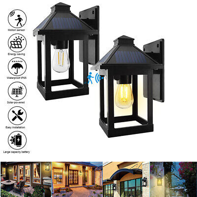 2 PACK Solar Wall Lights Outdoor Motion Sensor Porch Lantern Lamp Warm White