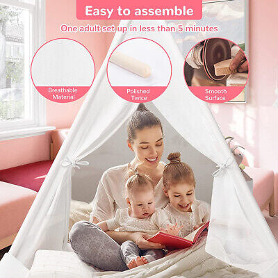 Large Teepee Tent Wigwam with Mat Boys Girls Pretend Play Tent Wood Frame