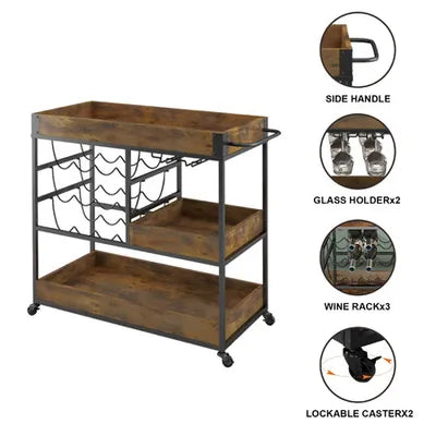 3 Tier Bar Cart Drinks Trolley with Wine Racks Wine Coffee Tea Kitchen Serving Outdoor Storage Shelves 4 Wheels