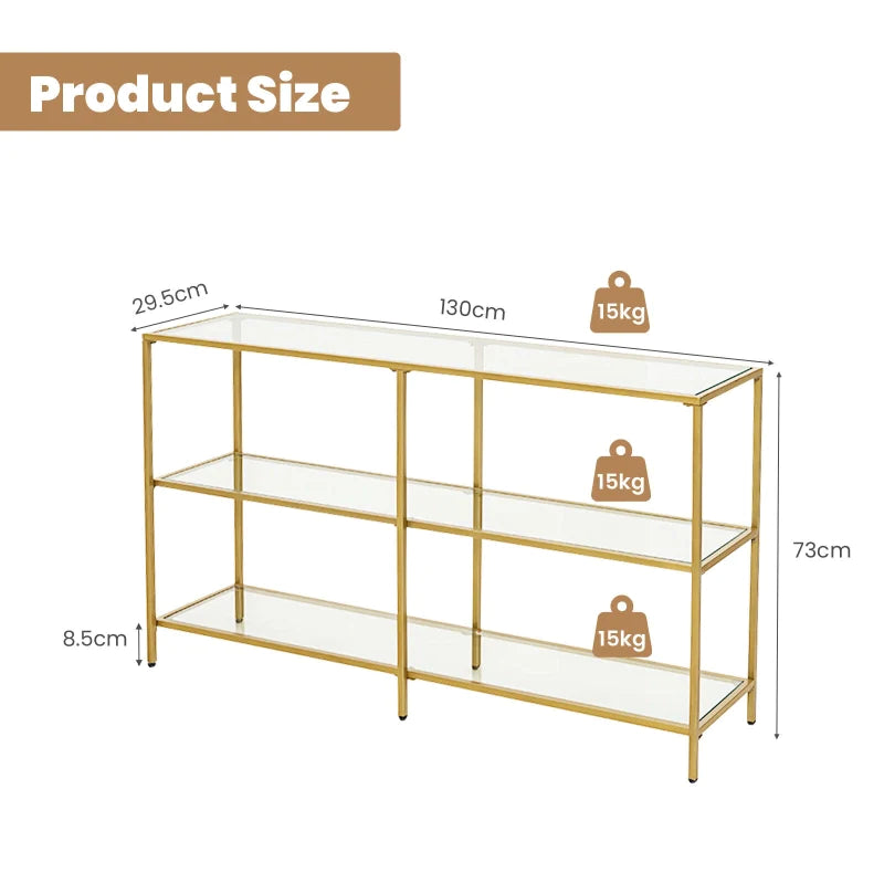 3-tier Glass Console Sofa Table Long Couch Table w/Tempered Glass Shelf & Steel Frame Rectangular Entryway Table Narrow Foyer Table