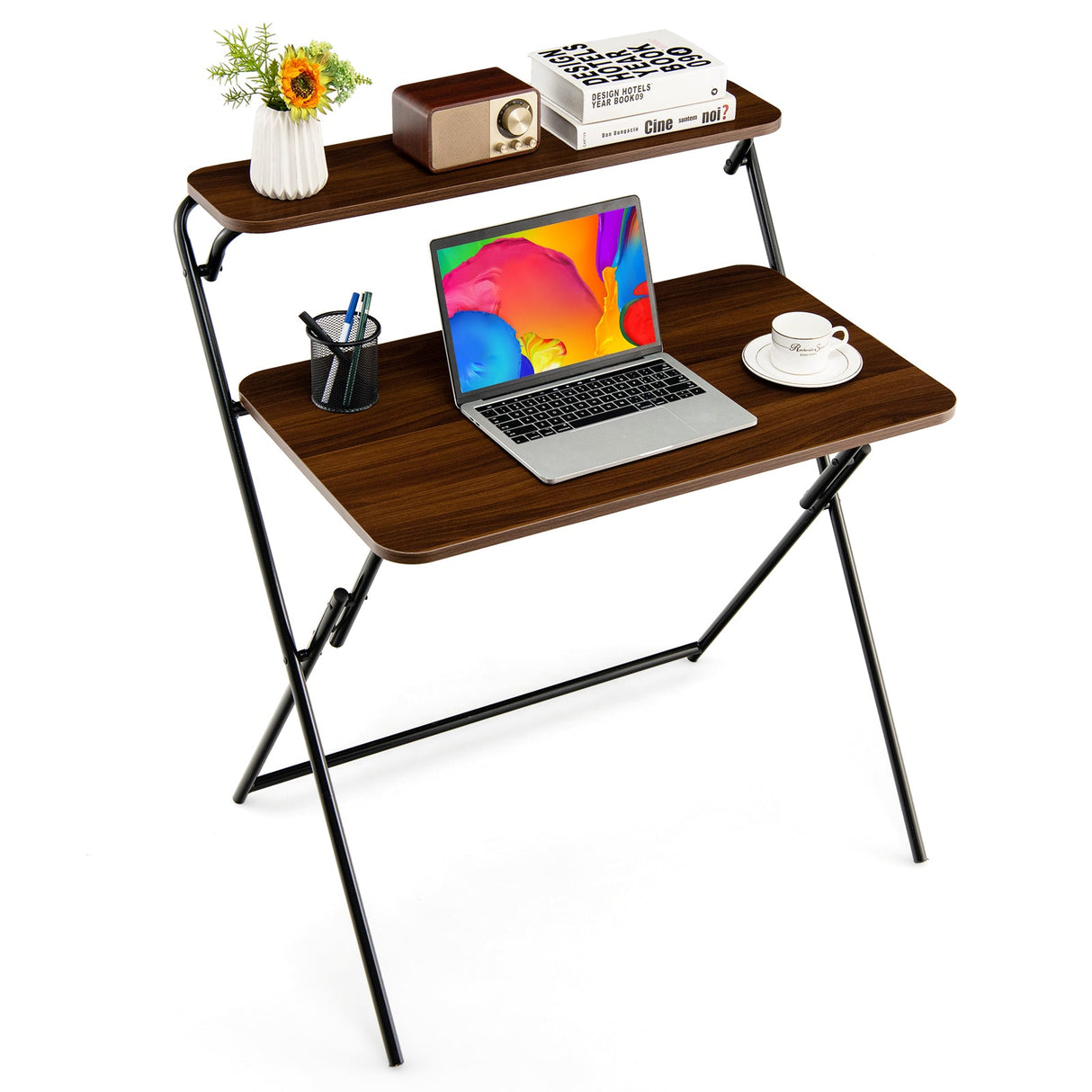 Foldable Computer Desk 2-Tier Laptop Wood Table Home Office No Assembly Required