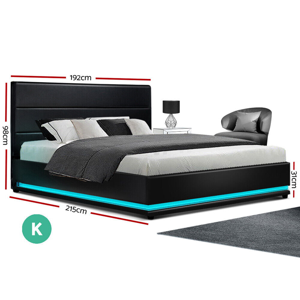 RGB LED Bed Frame King Size Gas Lift Base Storage Black Leather LUMI