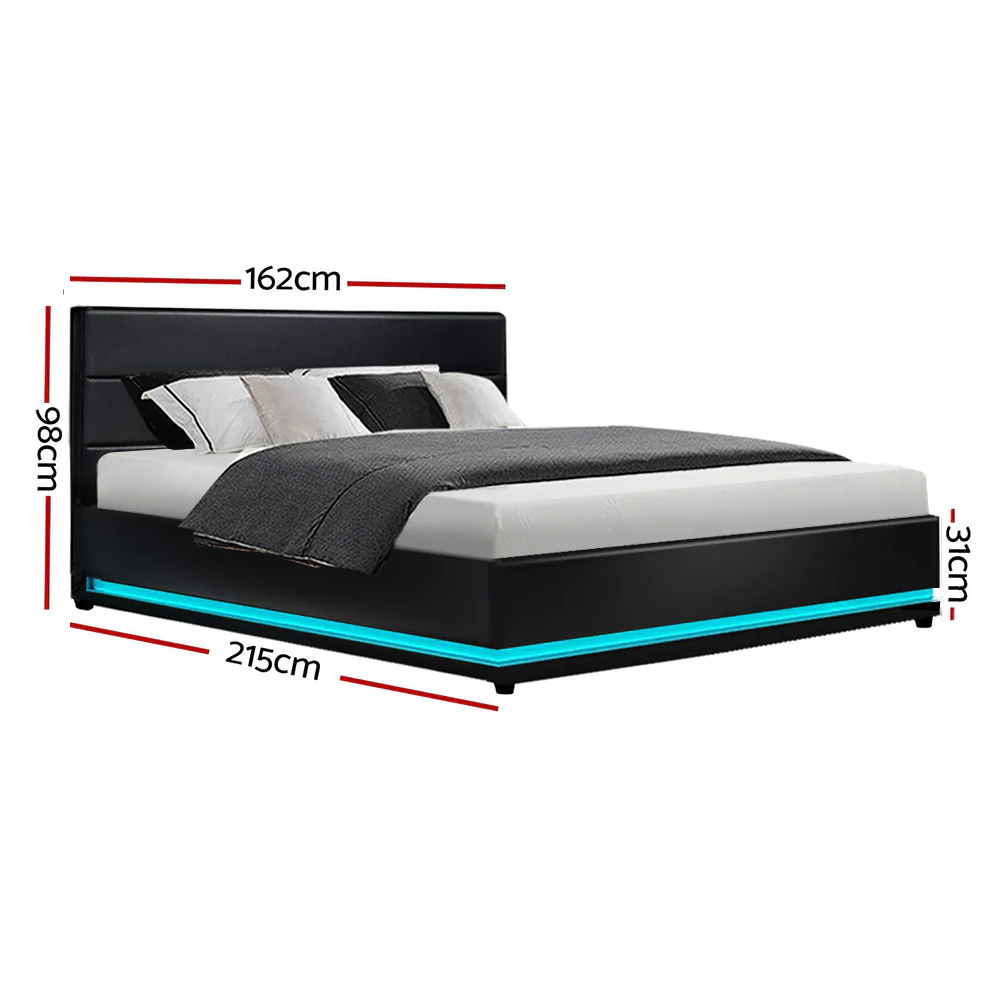 RGB LED Bed Frame Queen Size Gas Lift Base Storage Black Leather LUMI