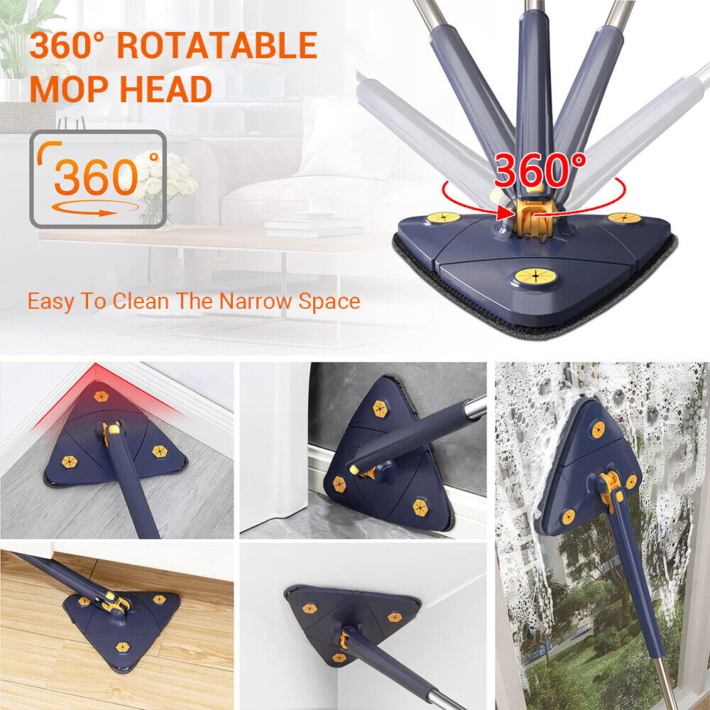 Rotatable Adjustable Cleaning Mop, 360ｰ Triangle Microfiber Mop with Long Handle, Wet and Dry Mop for Floor Cleaning Telescopic Spin Home Mop with 2 Replaceable Cloth