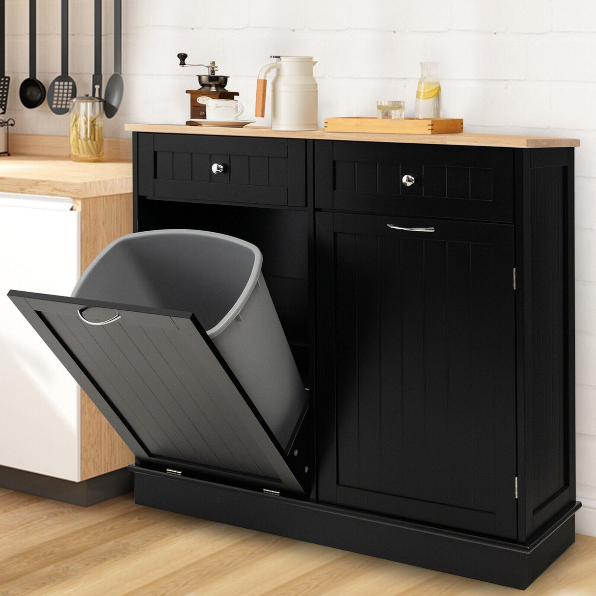 Kitchen Storage Cabinet Buffet Sideboard Versatile Organizer w/Trash Bin