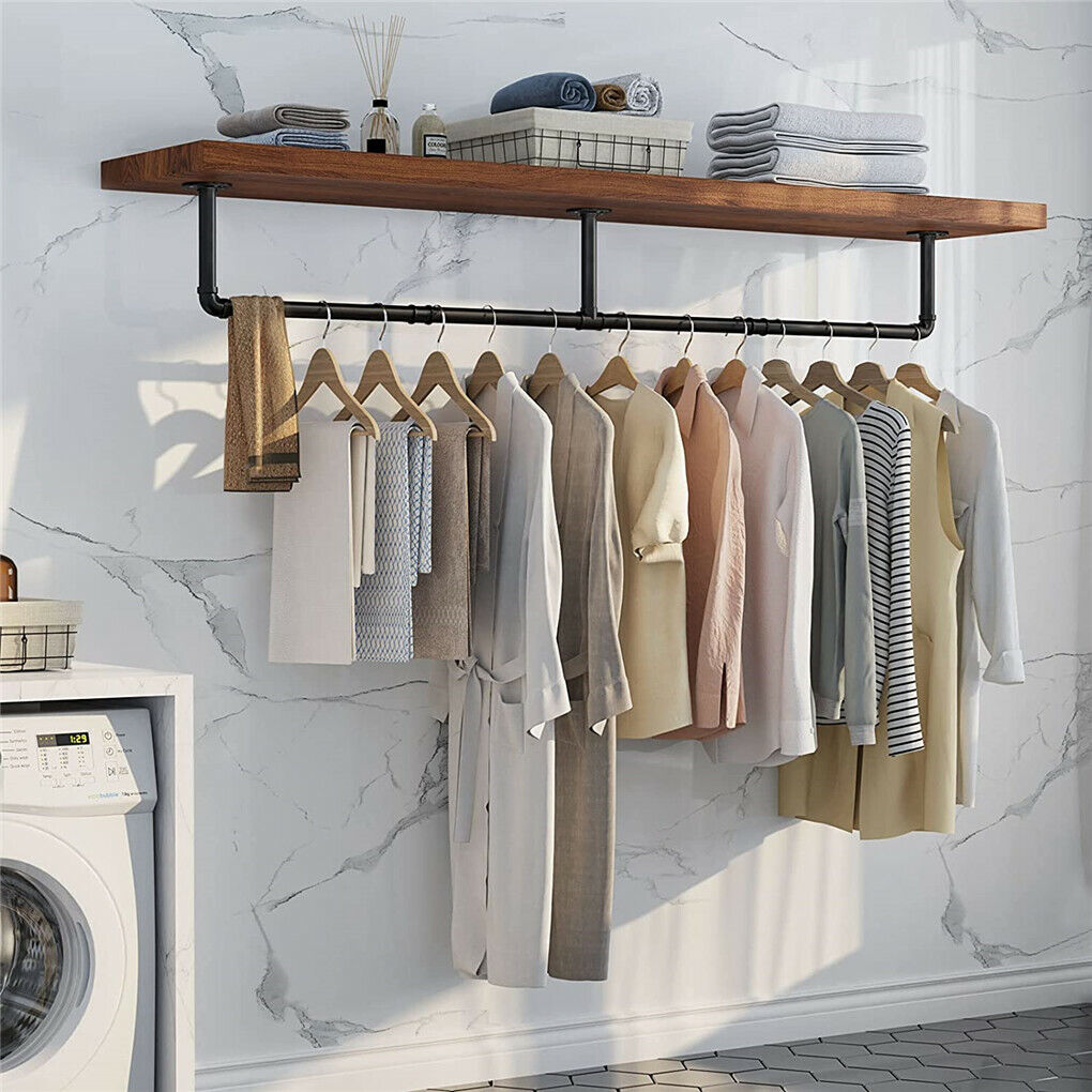 Super Long Garment Rail Industrial Vintage Pipe Clothes Rack Wall Floating Shelf