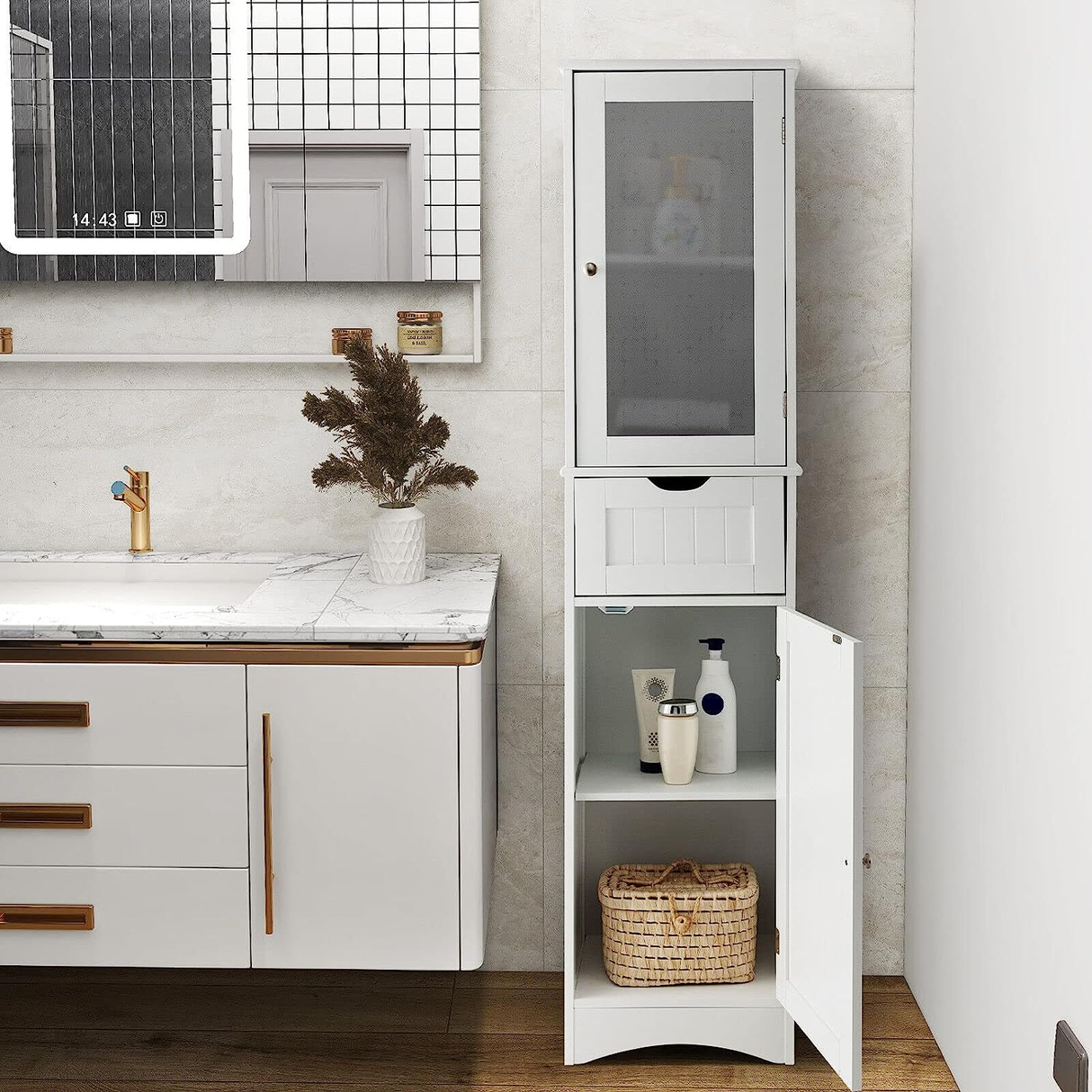 Freestanding Storage Cabinet, 170 Cm Tall Slim Bathroom Cabinet with 2 Adjustabl