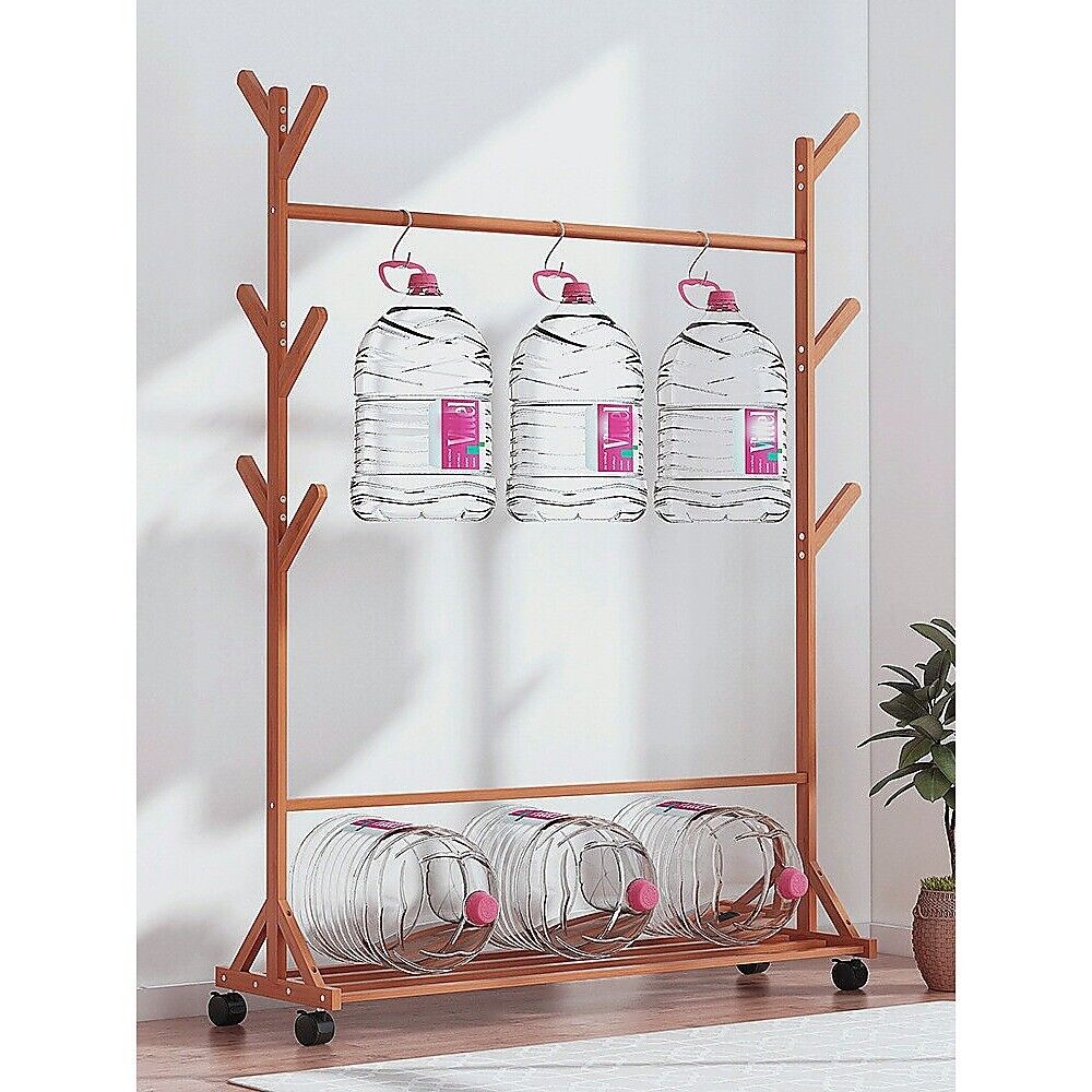 Portable Clothes Rack Coat Garment Stand Bamboo Rail Hanger Airer Closet - Wood