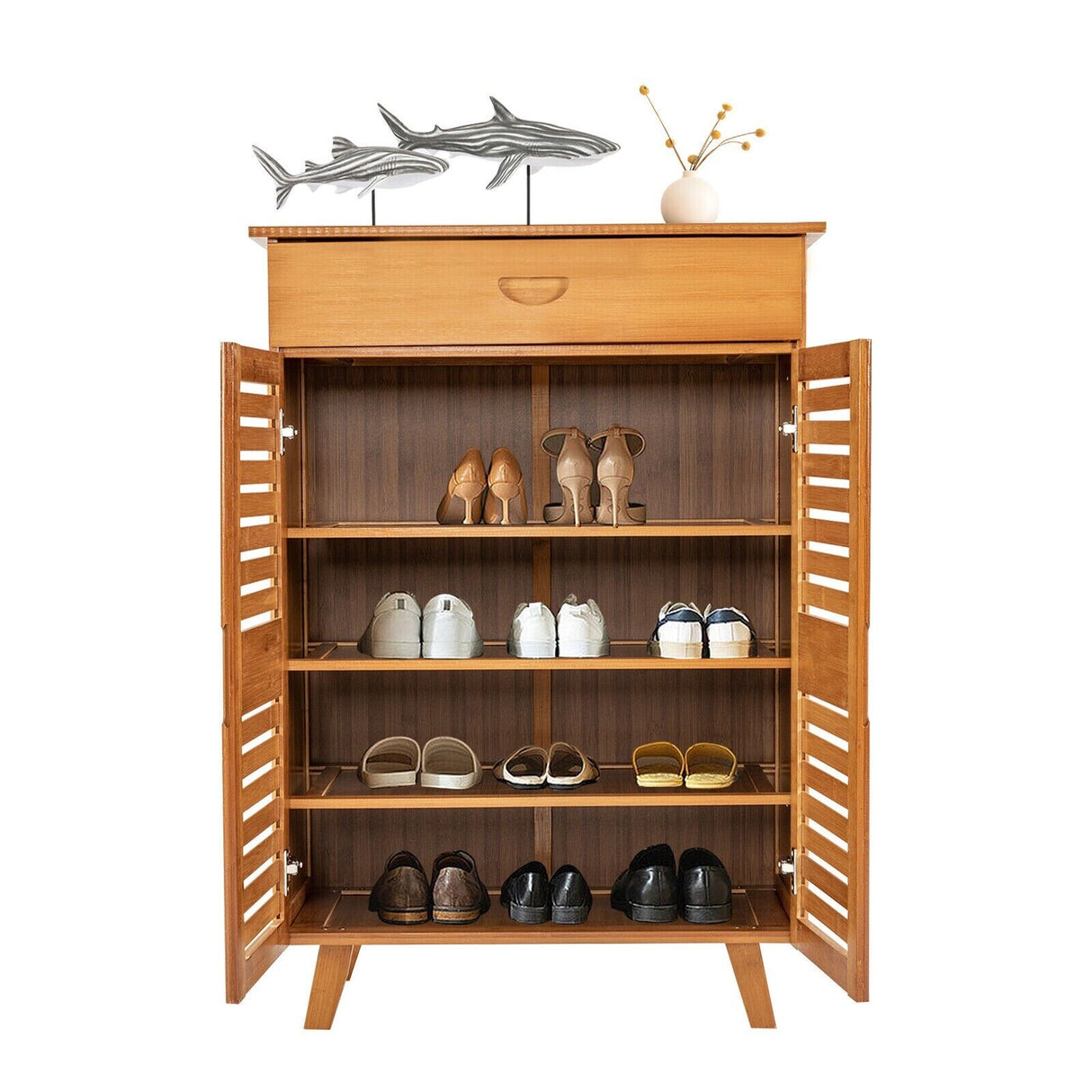 Wooden Bamboo Shoe Cabinet Shoe Rack Cupboard Pantry Shelf Organizer 5 T 63cm