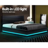 RGB LED Bed Frame Queen Size Gas Lift Base Storage Black Leather LUMI