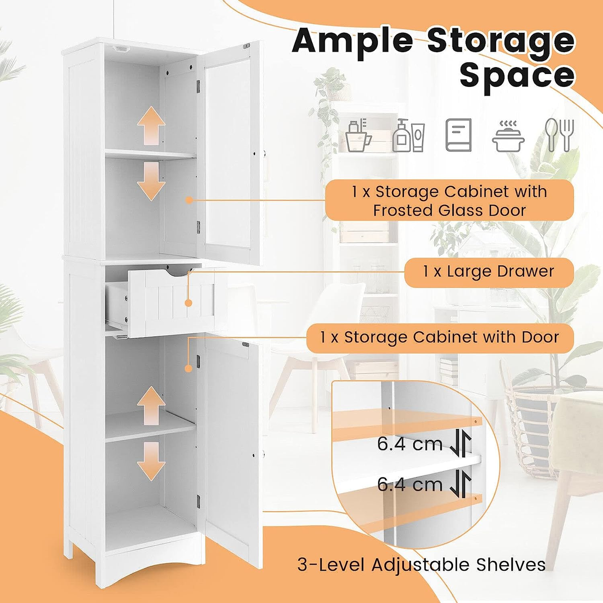 Freestanding Storage Cabinet, 170 Cm Tall Slim Bathroom Cabinet with 2 Adjustabl