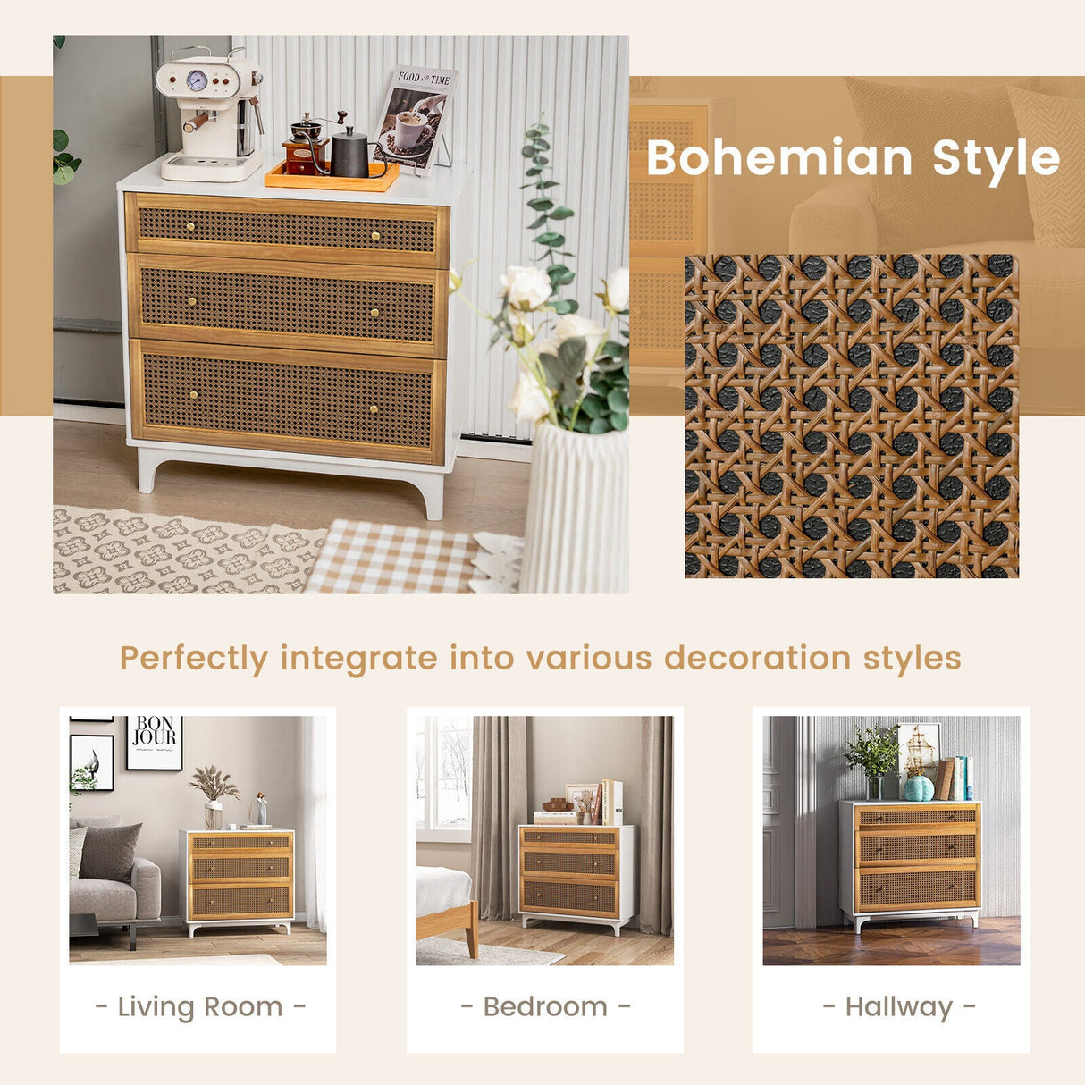 Modern 3-Drawer Dresser with Anti-toppling Device White & Brown