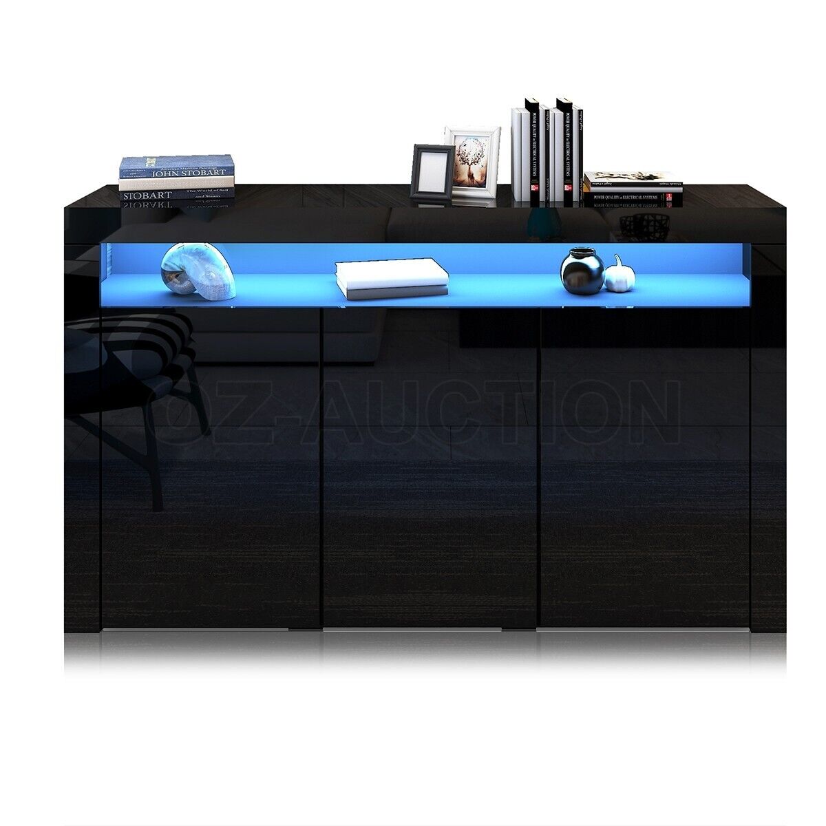 Modern 3 Doors Buffet Sideboard Cabinet High Gloss Cupboard w/Free RGB LED BK