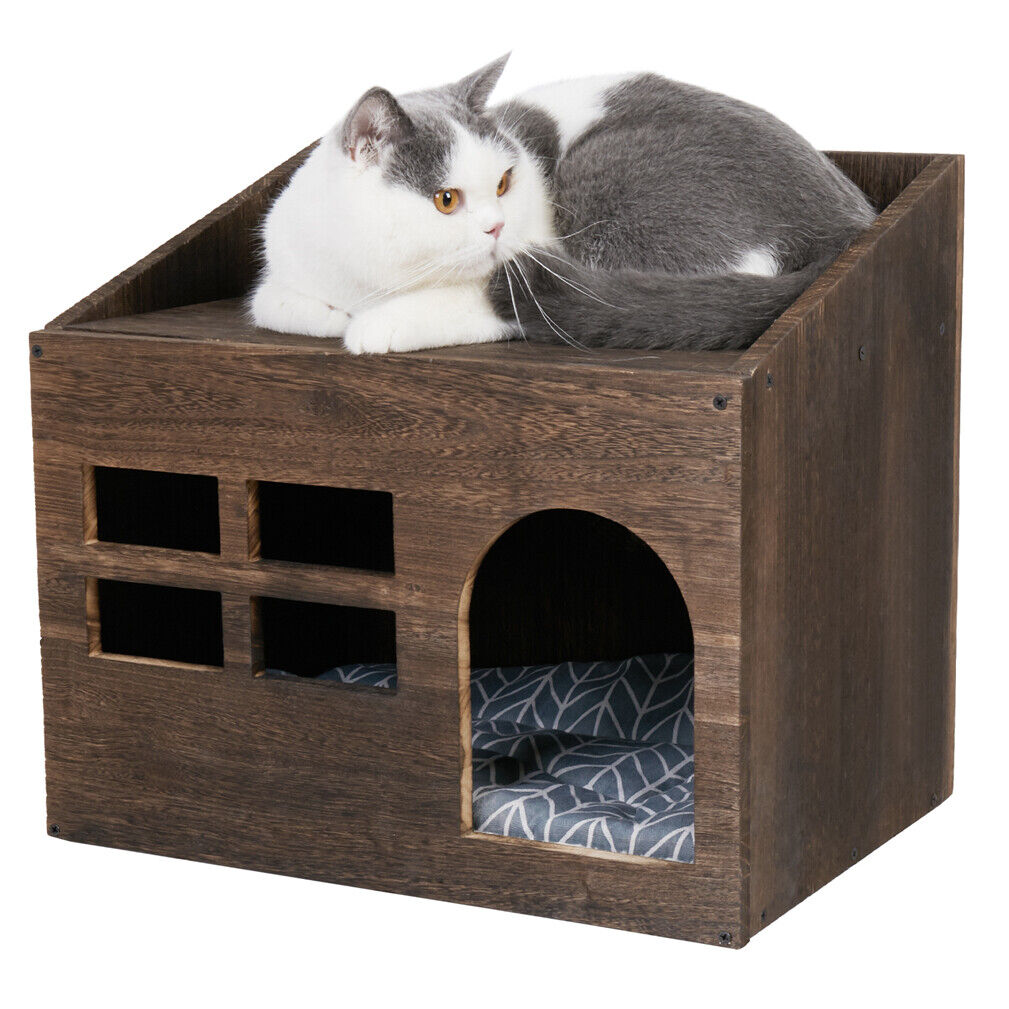 Rustic Wood Cat House Pet Dog Bed Shelf w/ Mat Sofa End Side Table Stand Storage