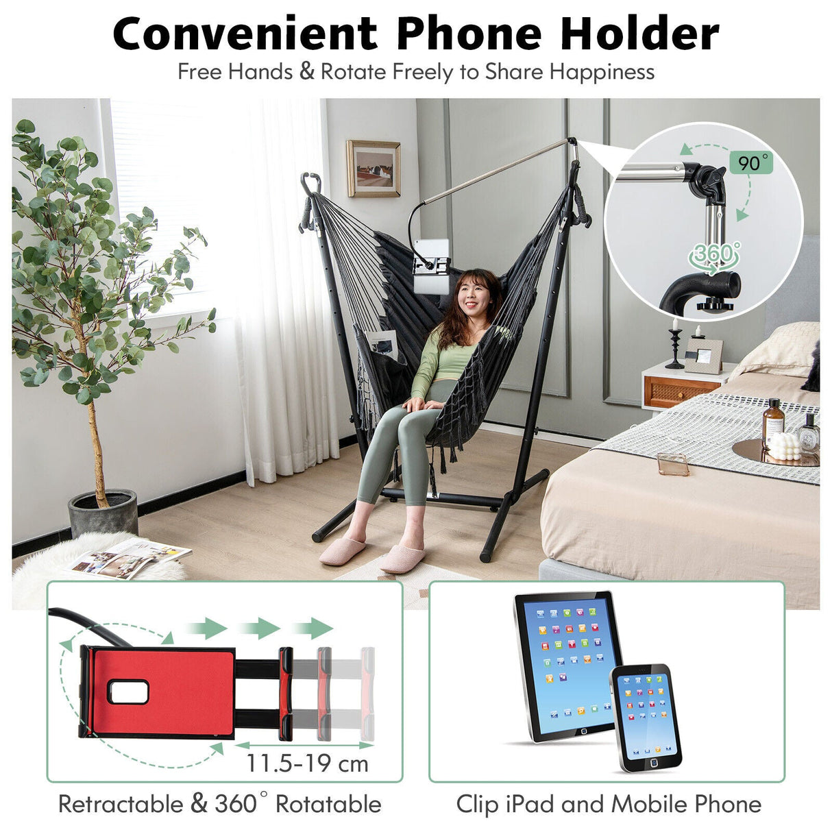 Hammock Chair with Stand Height Adjustable Hanging Chair Indoor & Outdoor Gray