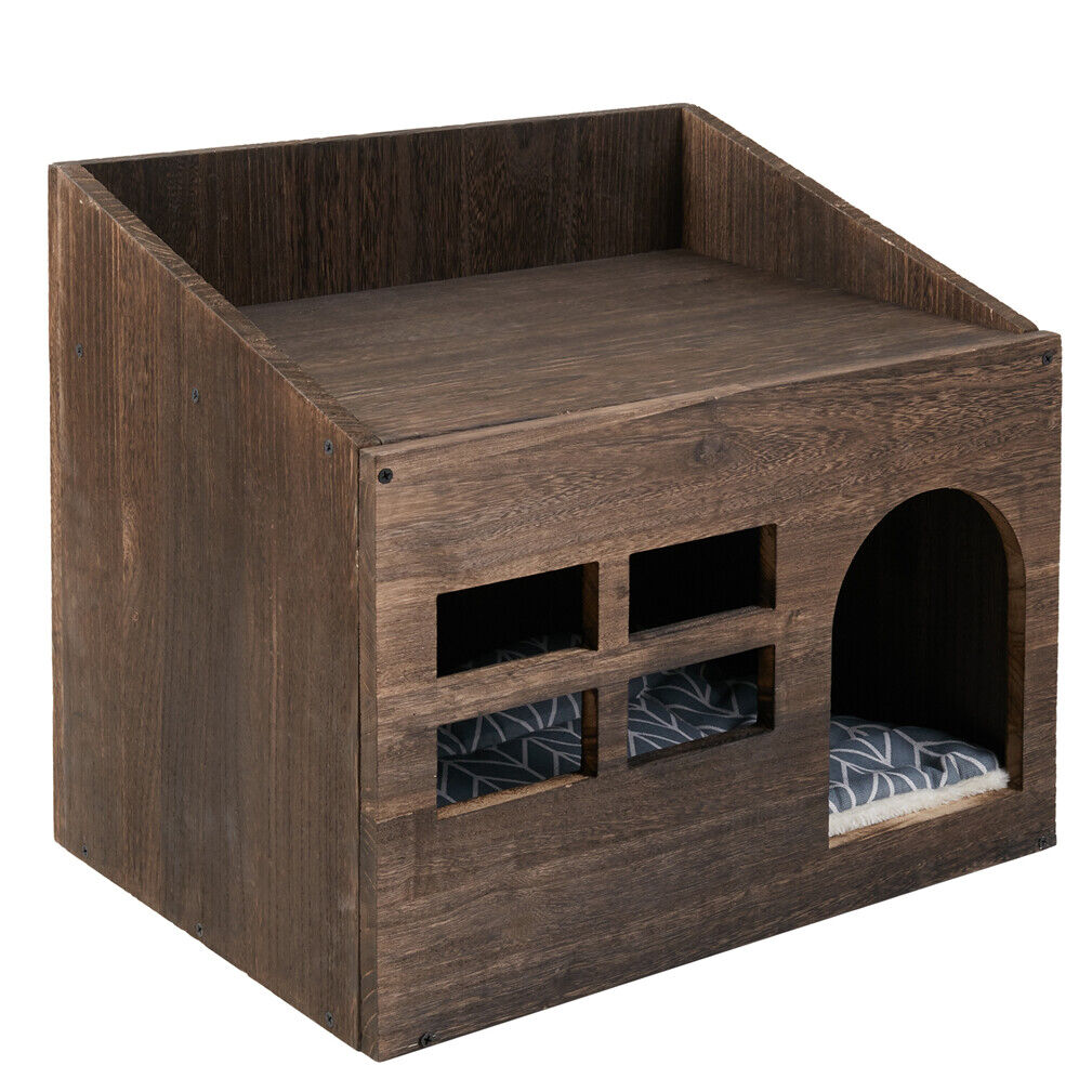 Rustic Wood Cat House Pet Dog Bed Shelf w/ Mat Sofa End Side Table Stand Storage