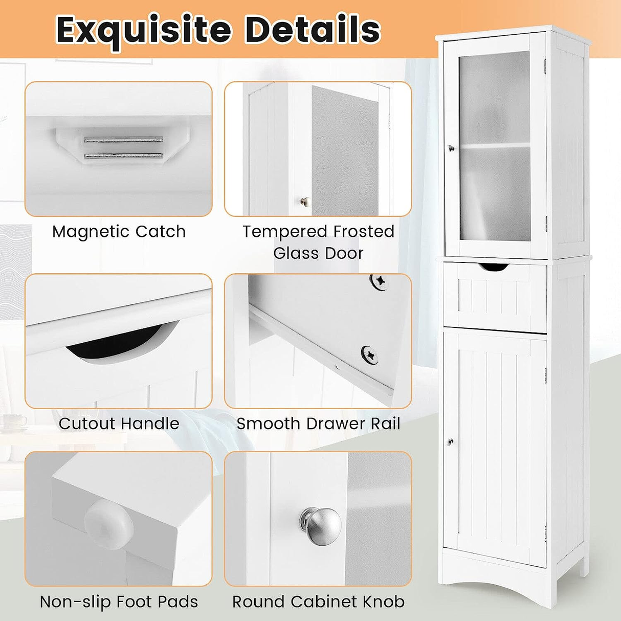 Freestanding Storage Cabinet, 170 Cm Tall Slim Bathroom Cabinet with 2 Adjustabl