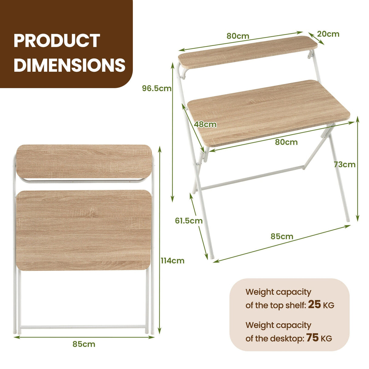 Foldable Computer Desk 2-Tier Laptop Wood Table Home Office No Assembly Required