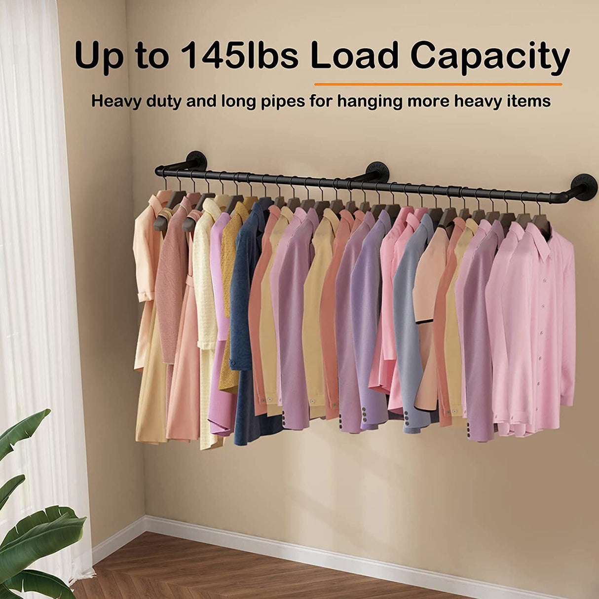 Super Long Garment Rail Industrial Vintage Pipe Clothes Rack Wall Floating Shelf