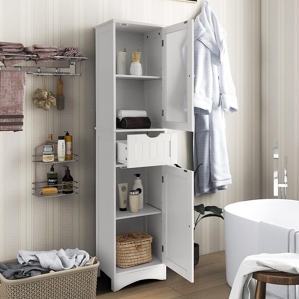 Freestanding Storage Cabinet, 170 Cm Tall Slim Bathroom Cabinet with 2 Adjustabl