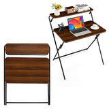 Foldable Computer Desk 2-Tier Laptop Wood Table Home Office No Assembly Required