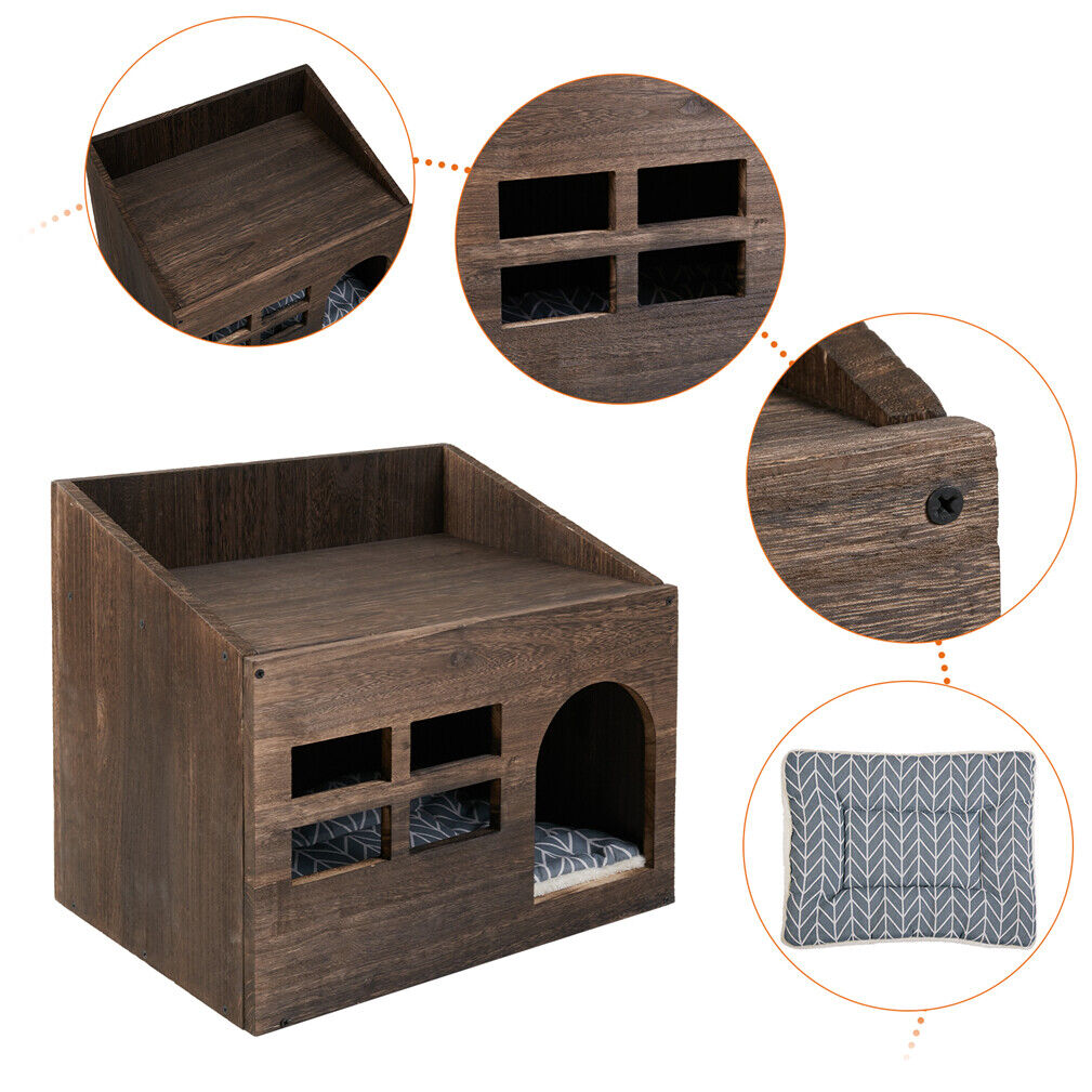 Rustic Wood Cat House Pet Dog Bed Shelf w/ Mat Sofa End Side Table Stand Storage