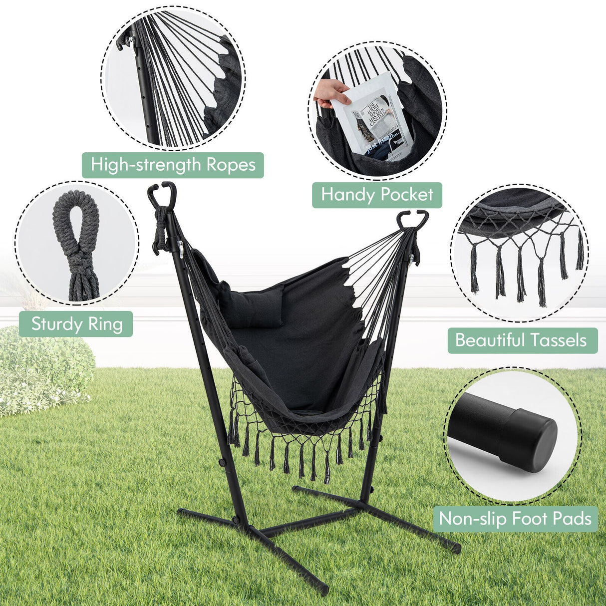 Hammock Chair with Stand Height Adjustable Hanging Chair Indoor & Outdoor Gray