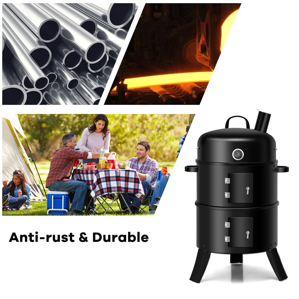 3in1 Charcoal BBQ Grill Smoker Roaster Fire Pit Picnic Camping Portable Outdoor