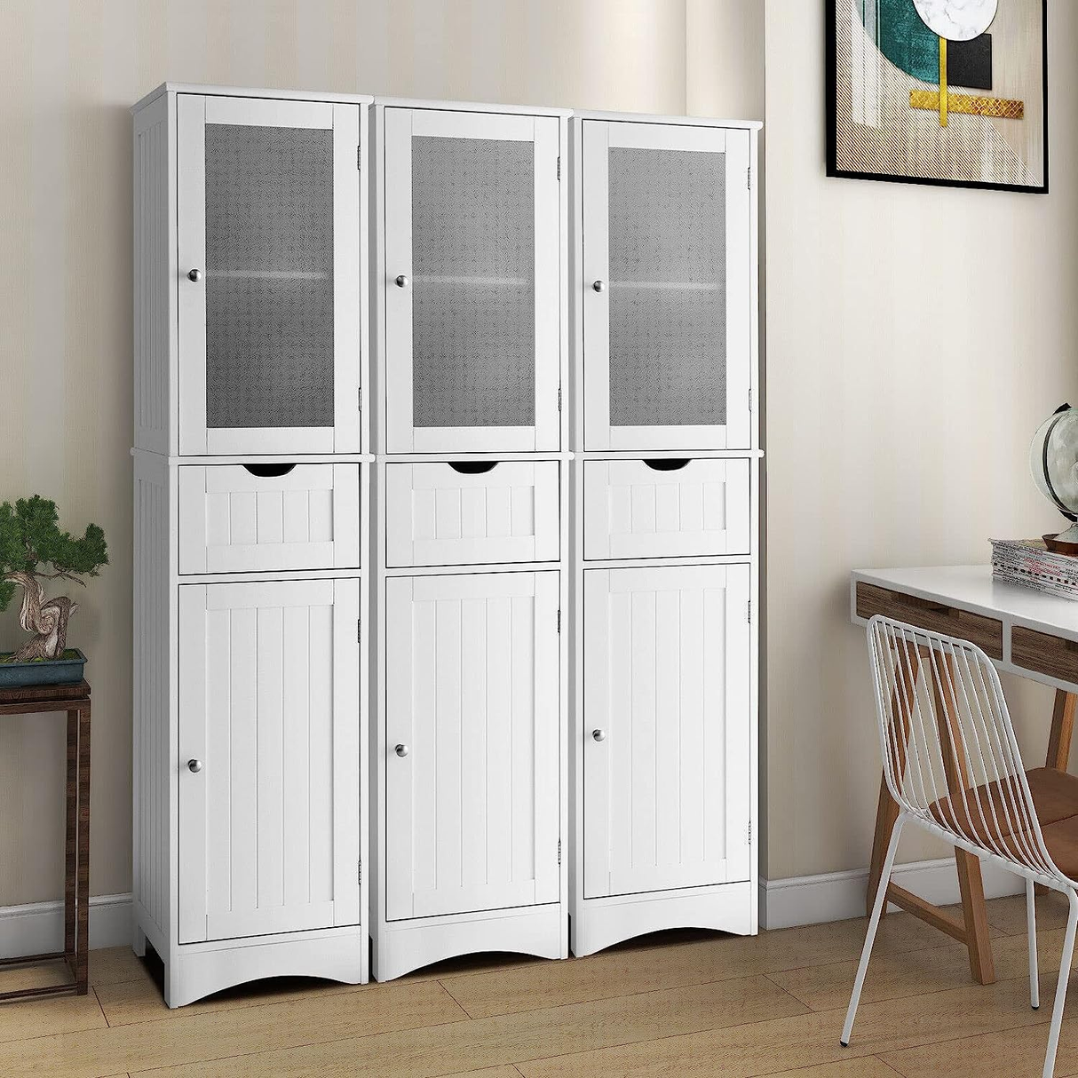 Freestanding Storage Cabinet, 170 Cm Tall Slim Bathroom Cabinet with 2 Adjustabl