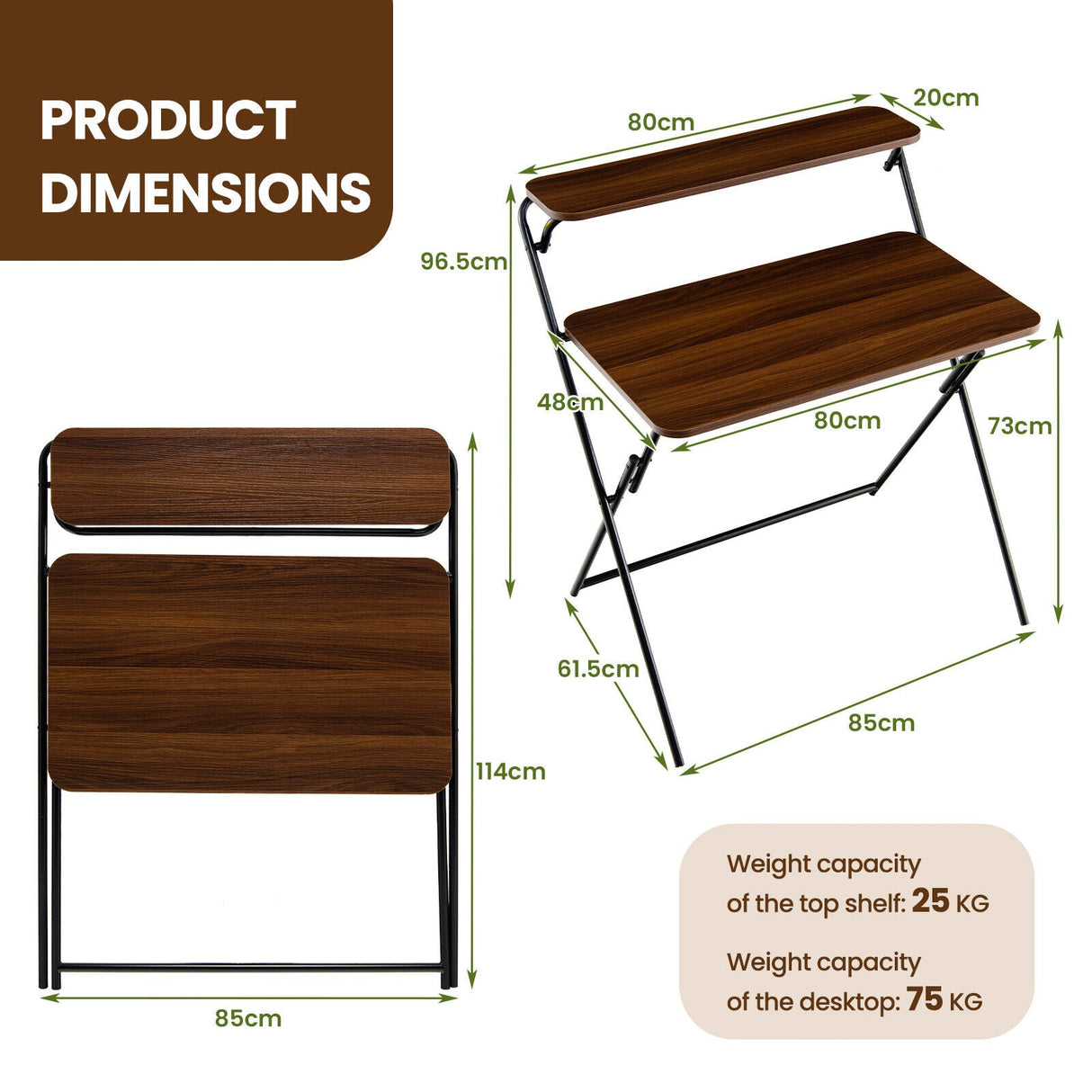 Foldable Computer Desk 2-Tier Laptop Wood Table Home Office No Assembly Required