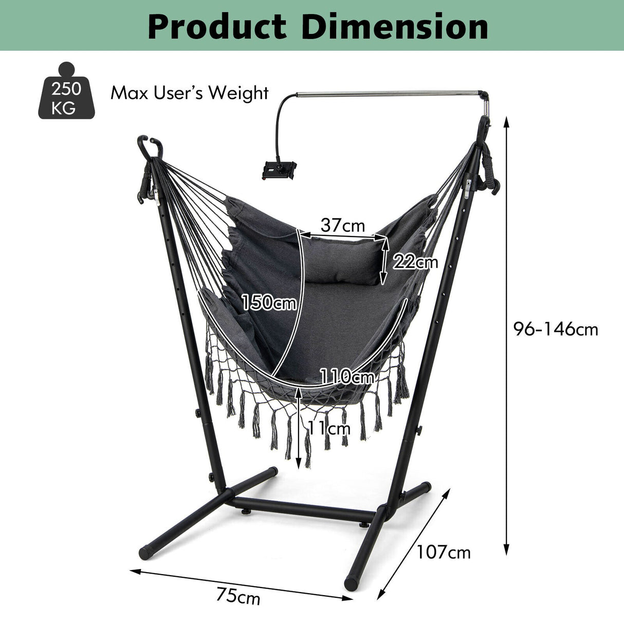 Hammock Chair with Stand Height Adjustable Hanging Chair Indoor & Outdoor Gray