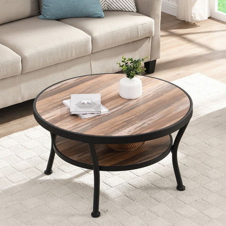 Rustic Round Coffee Table with Open Shelf for Living Room, Vintage Brown Finish