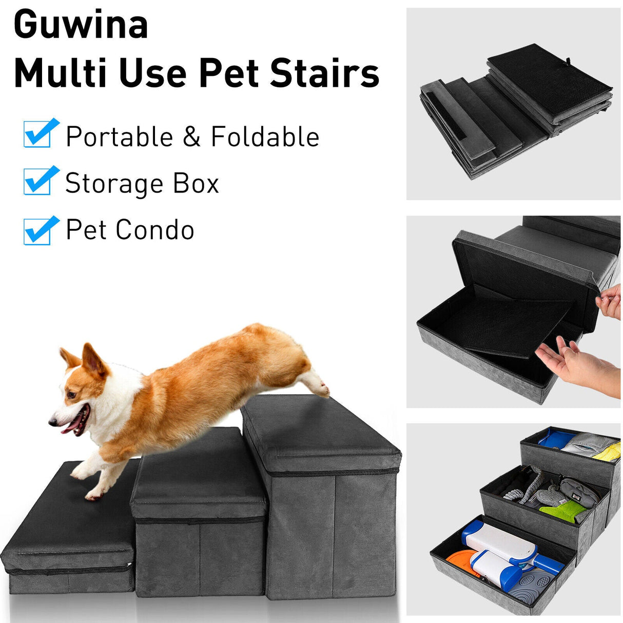 Folding Pet Stairs 3 Steps Dogs Stair Pet Storage Stepper for High Beds, Couch