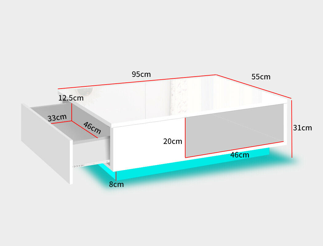 Coffee Table LED Lights High Gloss Storage Drawer Living Room White