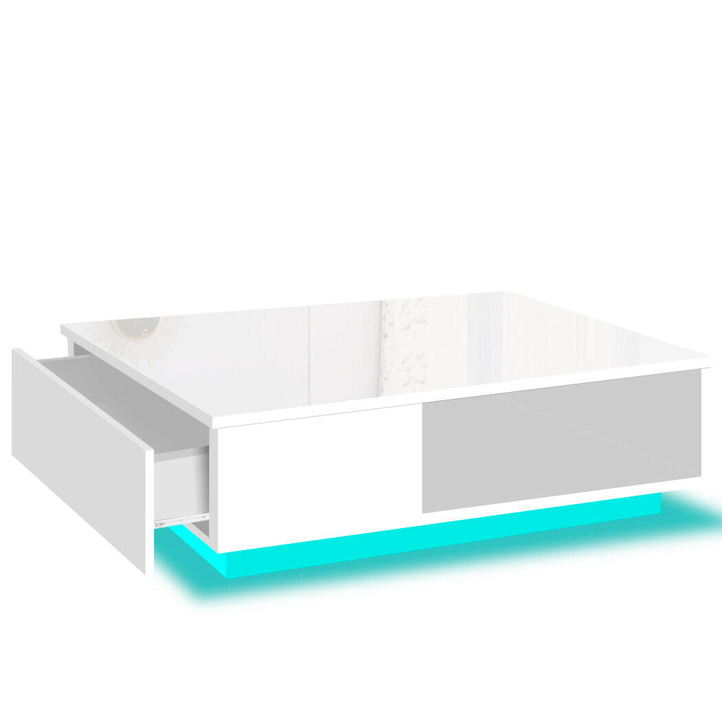 Coffee Table LED Lights High Gloss Storage Drawer Living Room White