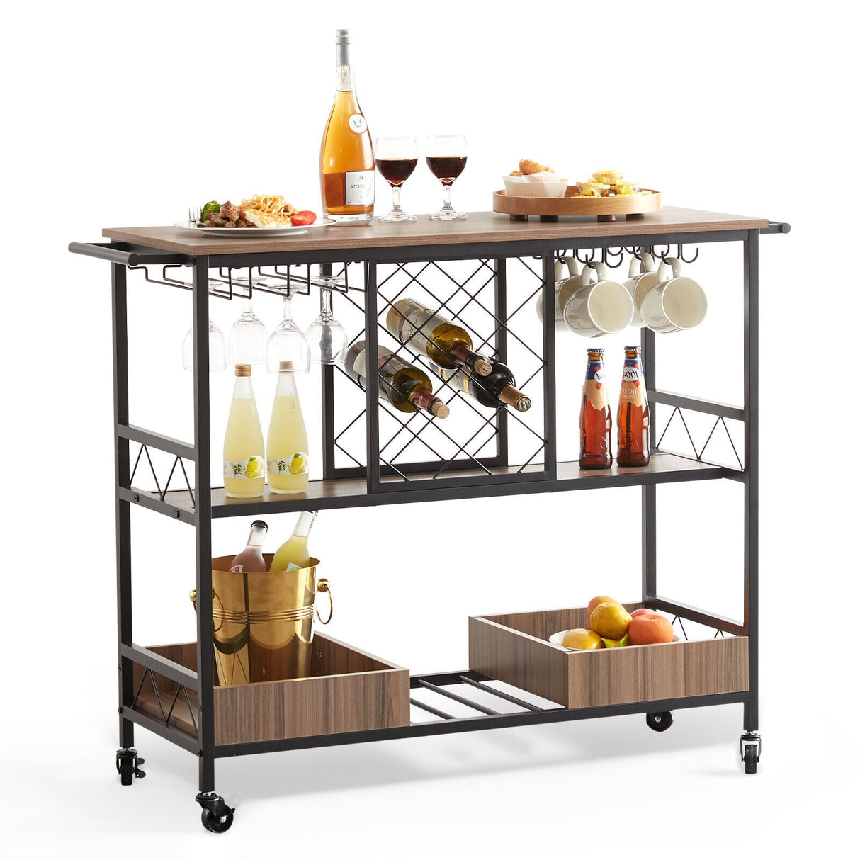 3-Tier Bar Serving Cart Rolling Trolley with Wine Grid Glass Holder 300LBS